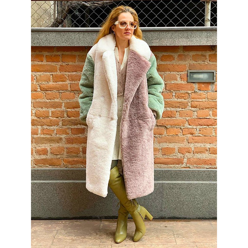 Women Faux Fur Coats White Natural Waist Long Sleeves Color Block Oversized Coat Faux Fur Coat Winter Street Wear Daily Casual Field