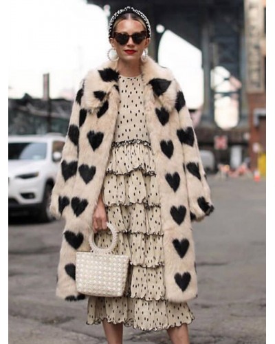 Faux Fur Coats White Natural Waist Long Sleeves Color Block Oversized Women Coat Faux Fur Coat Winter