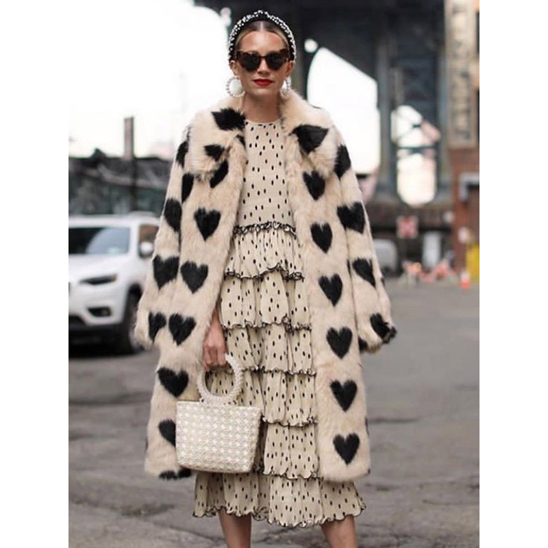 Faux Fur Coats White Natural Waist Long Sleeves Color Block Oversized Women Coat Faux Fur Coat Winter