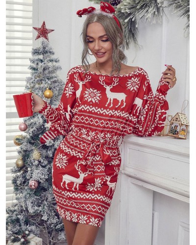 Women Party Dresses Red Lace Up Long Sleeves Christmas Pattern Semi Formal Dress Lounge Fall Winter