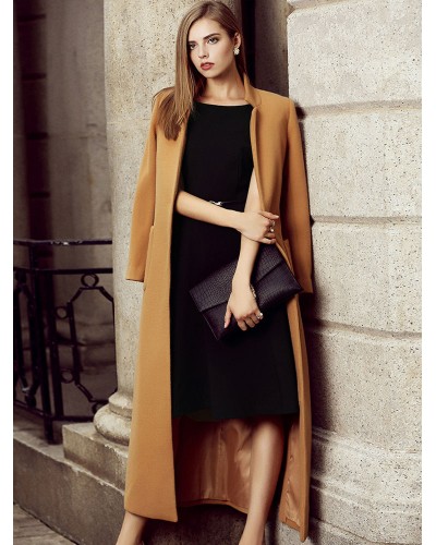 Women Coat Brown Sash Wrap Coat Split Outerwear Elegant  Luxurious Winter Night Out