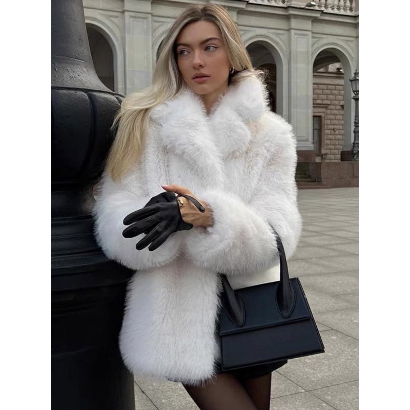 Faux Fur Coats White Natural Waist Long Sleeves Oversized Coat Faux Fur Coat Winter