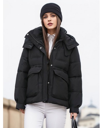 Women Winter Coats Hooded Zipper Long Sleeves Casual Pockets Short Outerwear Quilted Coat Street Wear Daily Casual Field