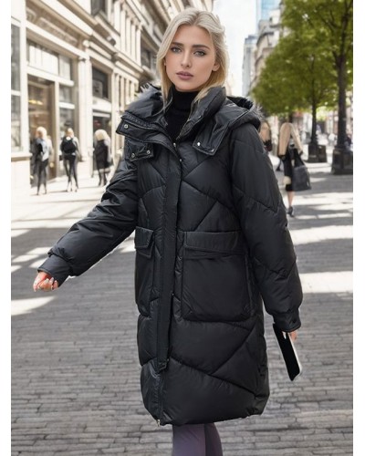 Winter Coats Medium Pockets Hooded Zipper Long Sleeves Casual Winter Outerwear Quilted Coat