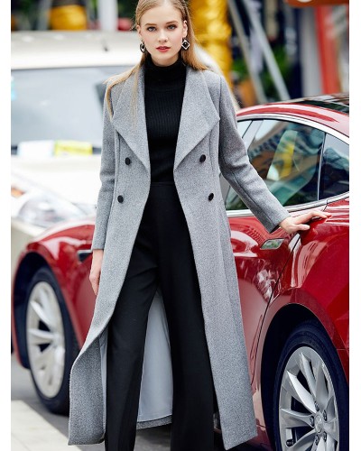 Women Grey Pea Coat 's Long Woolen Outerwear Chic  Modern Fall Winter Street Wear