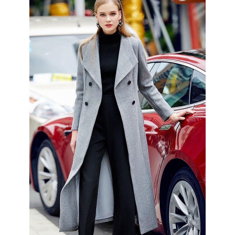 Women Grey Pea Coat 's Long Woolen Outerwear Chic  Modern Fall Winter Street Wear