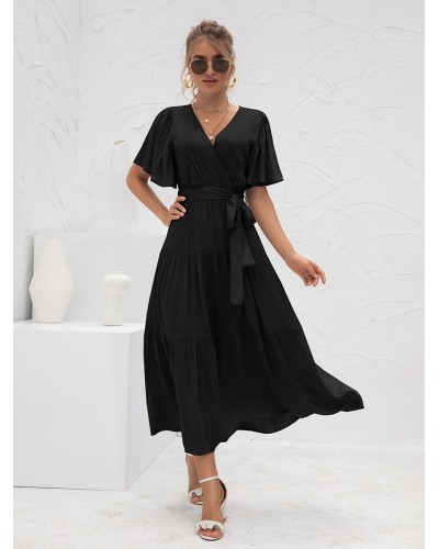 V-Neck Dress Short Sleeves Casual Layered Floor Length Dress Maxi Street Wear Daily Casual