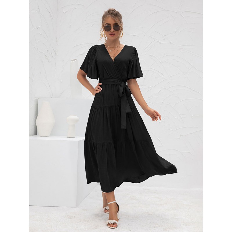 V-Neck Dress Short Sleeves Casual Layered Floor Length Dress Maxi Street Wear Daily Casual