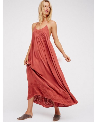 Women Boho Dress Straps Neck Sleeveless Coral Gypsy Beach Vacation Long Slip Dress Bohemian Summer