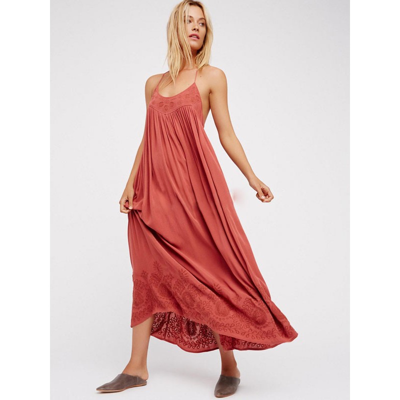 Women Boho Dress Straps Neck Sleeveless Coral Gypsy Beach Vacation Long Slip Dress Bohemian Summer