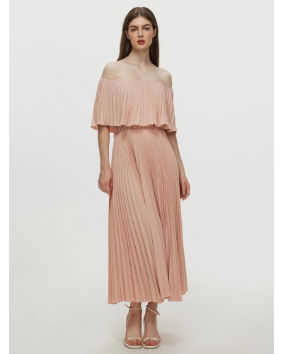 Women Dress Bateau Neck Open Shoulder Lotus Pink Long Beach Dress Summer