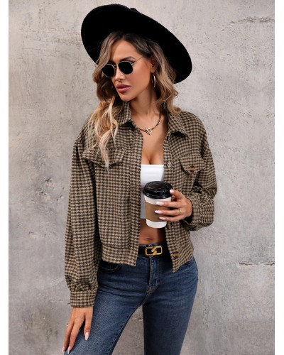 Women Jacket Turndown Collar Buttons Plaid Polyester Chic  Modern Casual