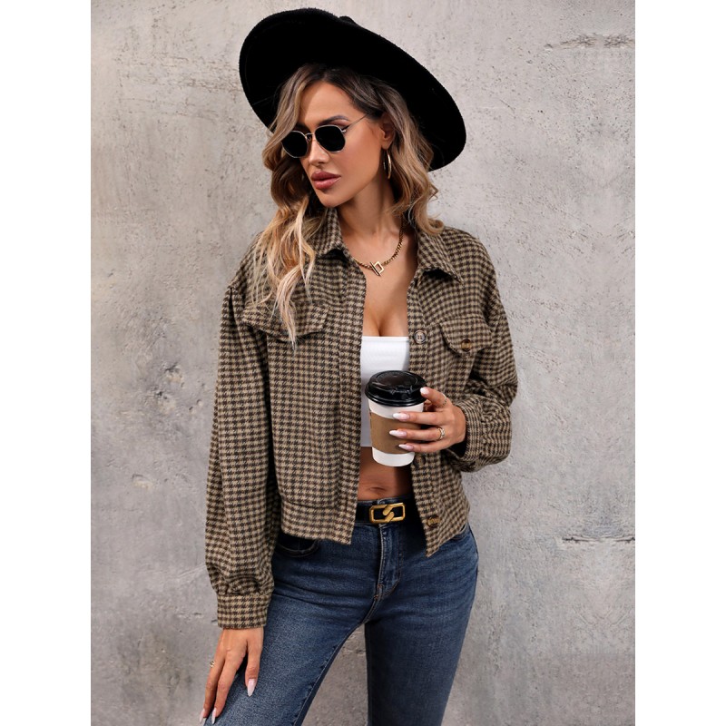 Women Jacket Turndown Collar Buttons Plaid Polyester Chic  Modern Casual