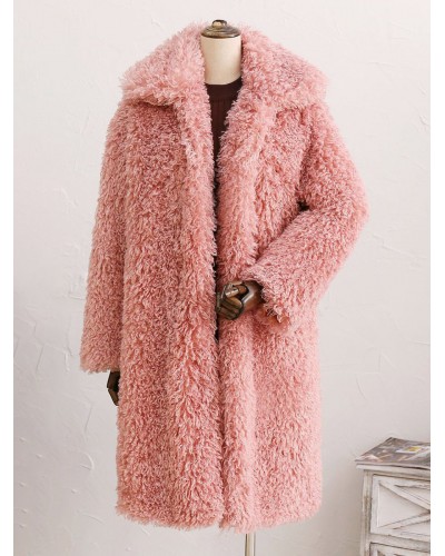 Faux Fur Coats Long Sleeves Casual Oversized Turndown Collar Pink Coat Faux Fur Coat Fall Winter