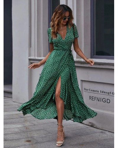 Women V-Neck Maxi Dress Short Sleeves Printed Long Dress Bohemian Summer