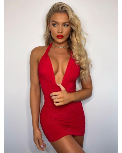 Birthday Bodycon Dresses Red Straps Neck Sleeveless Pencil Dress Sexy Night Out Rave Club