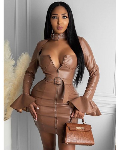 Women Birthday Bodycon Dresses Khaki Square Neck Long Sleeves Pencil Dress Sexy Spring Fall