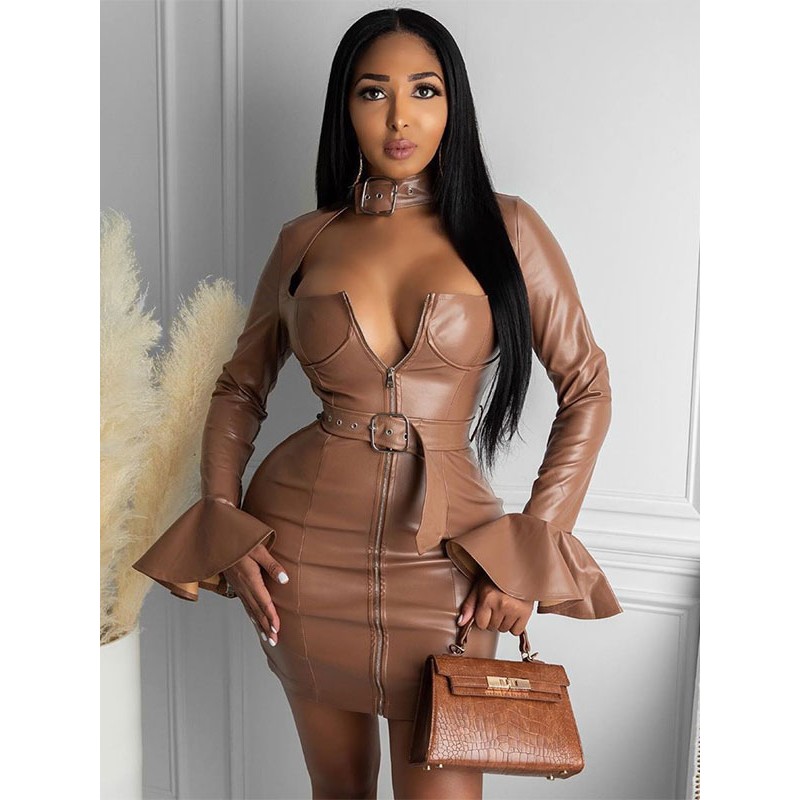 Women Birthday Bodycon Dresses Khaki Square Neck Long Sleeves Pencil Dress Sexy Spring Fall