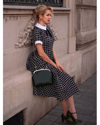 1950s Audrey Hepburn Style Black Dress Plaid Pattern Short Sleeves Turndown Collar Retro Rockabilly Dress Vintage Daily Casual