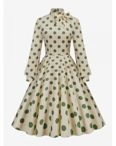 Dress 1950s Audrey Hepburn Style High Collar Bows Long Sleeves Woman's Medium Polka Dot Swing Dress Vintage Retro Fall