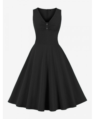 Vintage Dress 1950s Audrey Hepburn Style Black Sleeveless V-Neck Swing Dress Bodycon Retro Summer