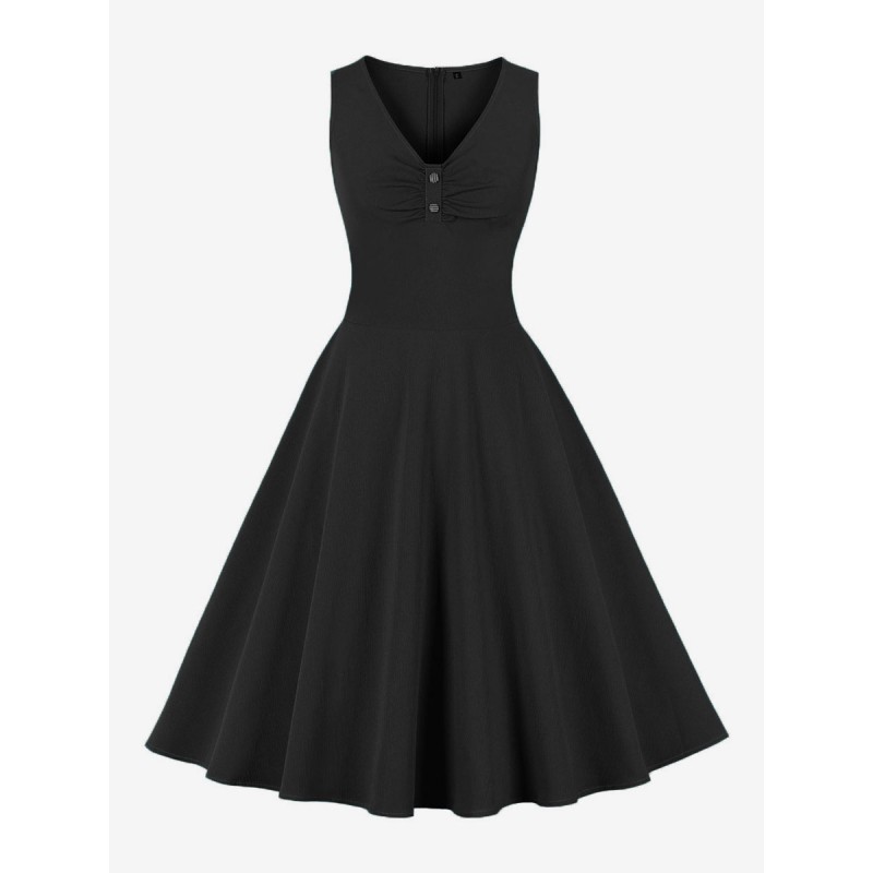 Vintage Dress 1950s Audrey Hepburn Style Black Sleeveless V-Neck Swing Dress Bodycon Retro Summer