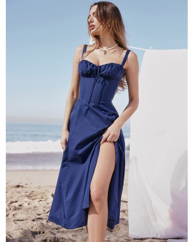 Women Midi Dress Golden One-Shoulder Lace Up Beach Dress Elegant Summer