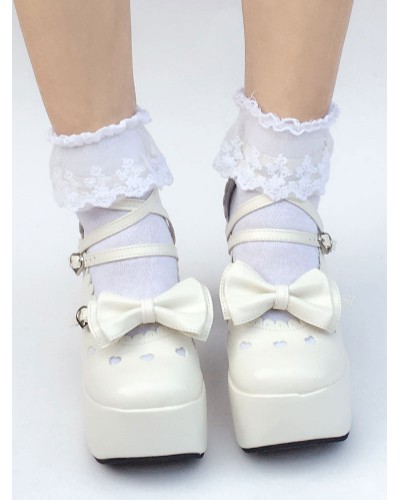 Sweet Lolita Shoes White Bow Round Toe Platform Straps Lolita Pumps