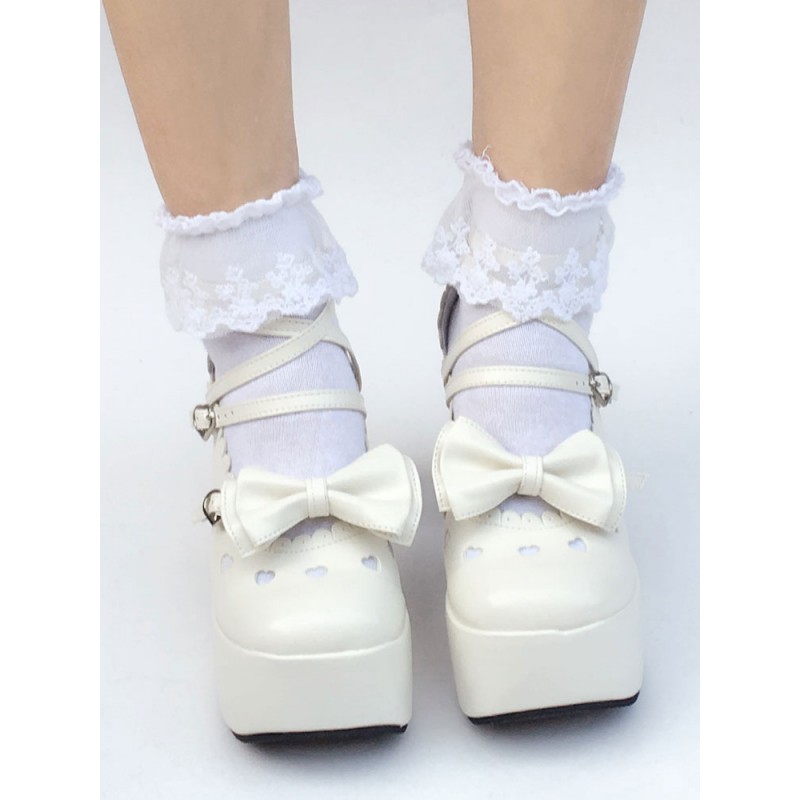 Sweet Lolita Shoes White Bow Round Toe Platform Straps Lolita Pumps