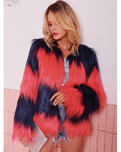 Faux Fur Coats Ture Red Long Sleeves Two-Tone Women Coat Classic  Traditional Casual Street Wear Field