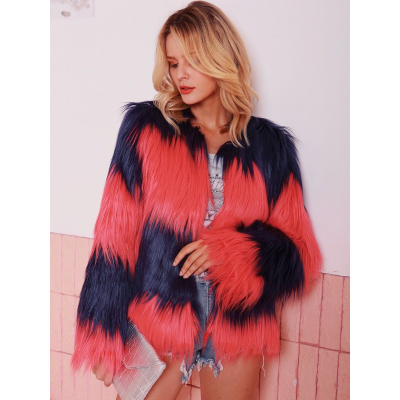 Faux Fur Coats Ture Red Long Sleeves Two-Tone Women Coat Classic  Traditional Casual Street Wear Field