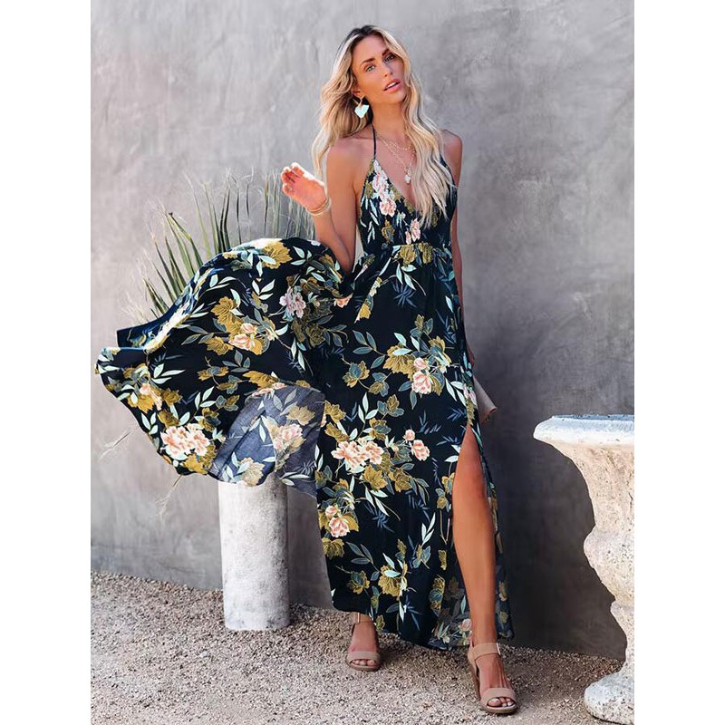 Maxi Dress V-Neck Sleeveless Casual Long Dress Bohemian Beach Resort Wear