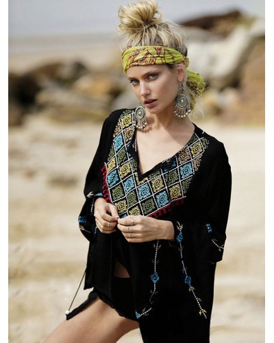 Women Boho Dress Black Embroidered V-Neck Long Sleeves Gypsy Cotton Summer Vacation Mini Beach Dress Bohemian Fall