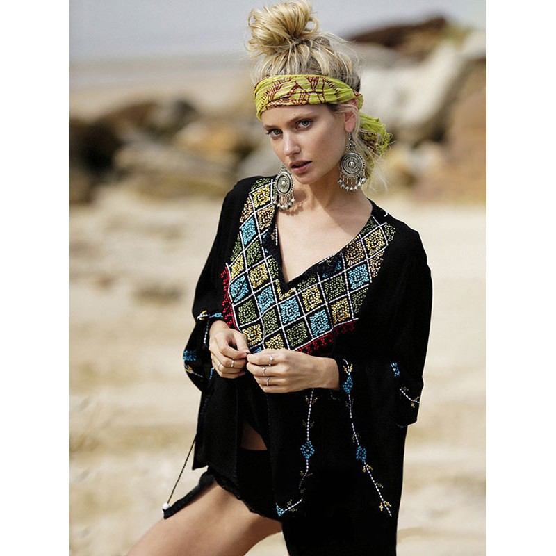 Women Boho Dress Black Embroidered V-Neck Long Sleeves Gypsy Cotton Summer Vacation Mini Beach Dress Bohemian Fall