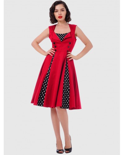 Women Red Dress Polka Dot Square Neck Sleeveless Slim Fit Circle Skater Dress Vintage Retro Summer