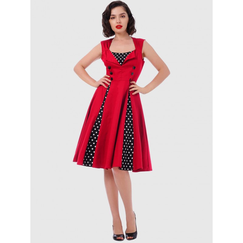 Women Red Dress Polka Dot Square Neck Sleeveless Slim Fit Circle Skater Dress Vintage Retro Summer