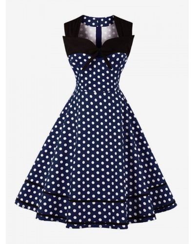 Women Vintage Dress Polka Dot Bows Sweetheart Sleeveless Swing Dress Retro Summer