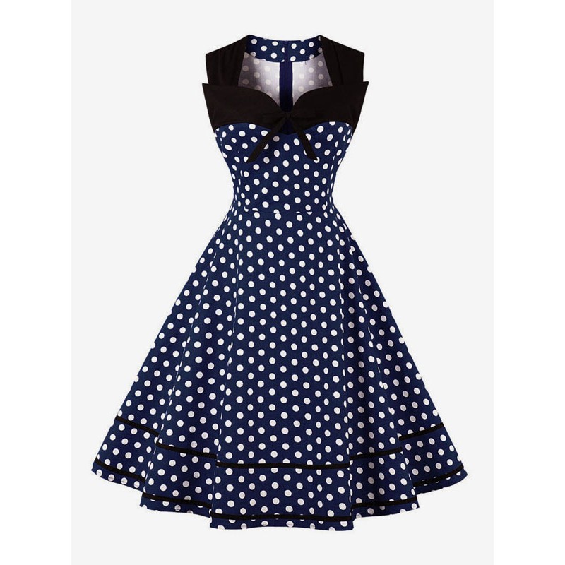 Women Vintage Dress Polka Dot Bows Sweetheart Sleeveless Swing Dress Retro Summer