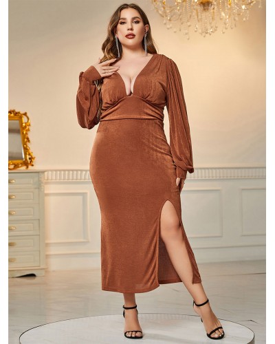 Women Plus Size Dress V-Neck Long Sleeves Medium One Piece Dress Sexy Fall