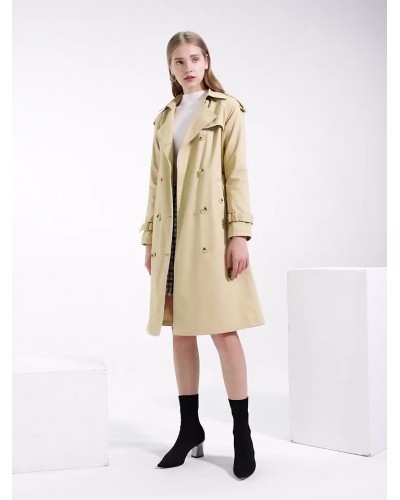 Long Trench Coat Khaki Turndown Collar Long Sleeves Lapel Classic Double Breasted Spring Fall Street Outwear For Women Casual