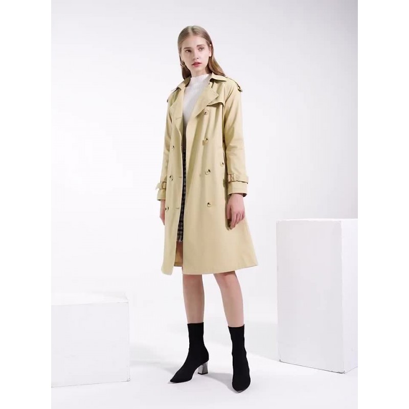 Long Trench Coat Khaki Turndown Collar Long Sleeves Lapel Classic Double Breasted Spring Fall Street Outwear For Women Casual