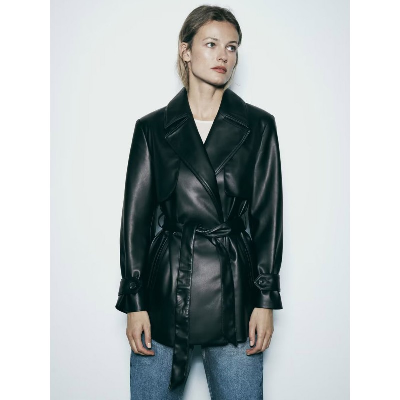 Women Jacket Turndown Collar Sash PU Leather Leather Jacket Fall Winter Street Wear Daily Casual