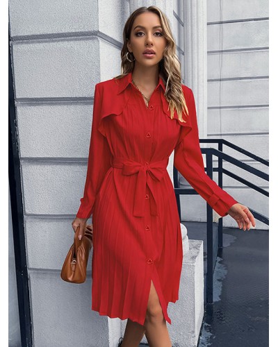 Women Skater Dresses Turndown Collar Red Casual Long Sleeves Flared Dress Classic  Traditional Spring Fall