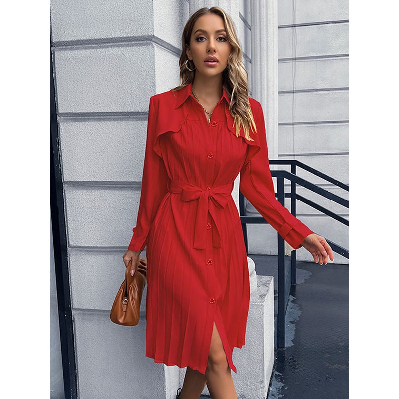 Women Skater Dresses Turndown Collar Red Casual Long Sleeves Flared Dress Classic  Traditional Spring Fall