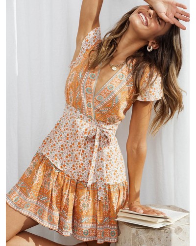 Boho Dress V-Neck Short Sleeves Floral Print Layered Lace Up Beach Dress Bodycon Resort Wear