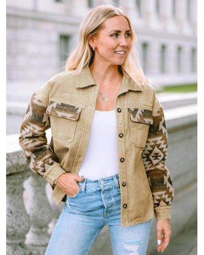 Women 's Jackets Turndown Collar Geometric Front Button Buttons Khaki Winter Jacket Casual Bohemian Street Wear Daily Casual