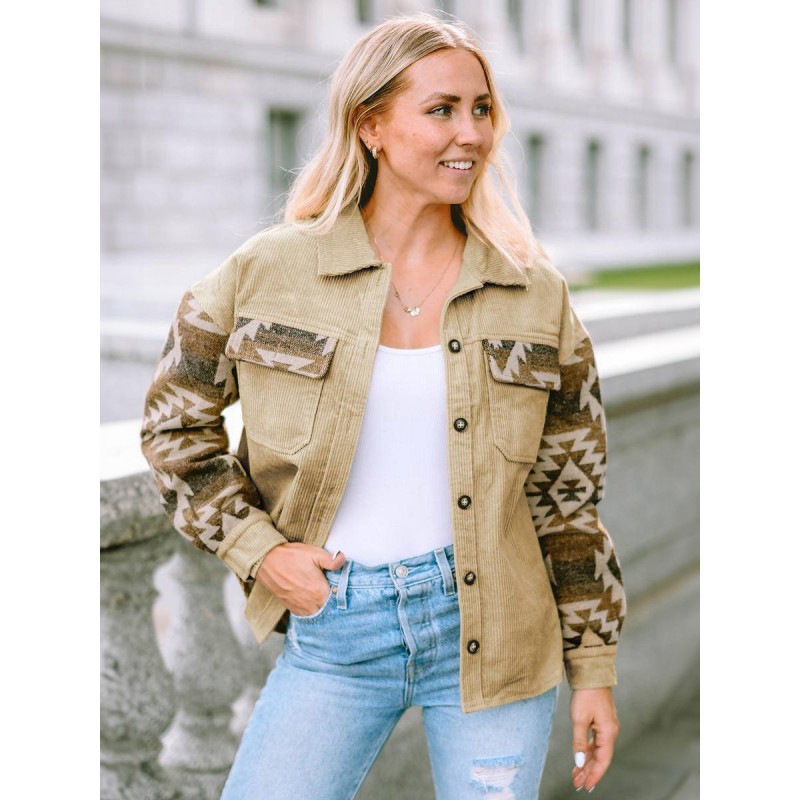 Women 's Jackets Turndown Collar Geometric Front Button Buttons Khaki Winter Jacket Casual Bohemian Street Wear Daily Casual