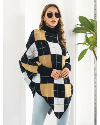 Plaid Poncho High Collar Oversized Cape Spring Outerwear For Women Classic  Traditional Casual