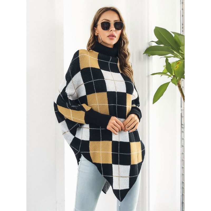 Plaid Poncho High Collar Oversized Cape Spring Outerwear For Women Classic  Traditional Casual