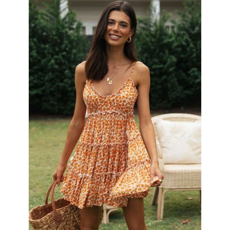 Women Mini Dresses Yellow Floral Print Sleeveless Short Dress Spring Summer